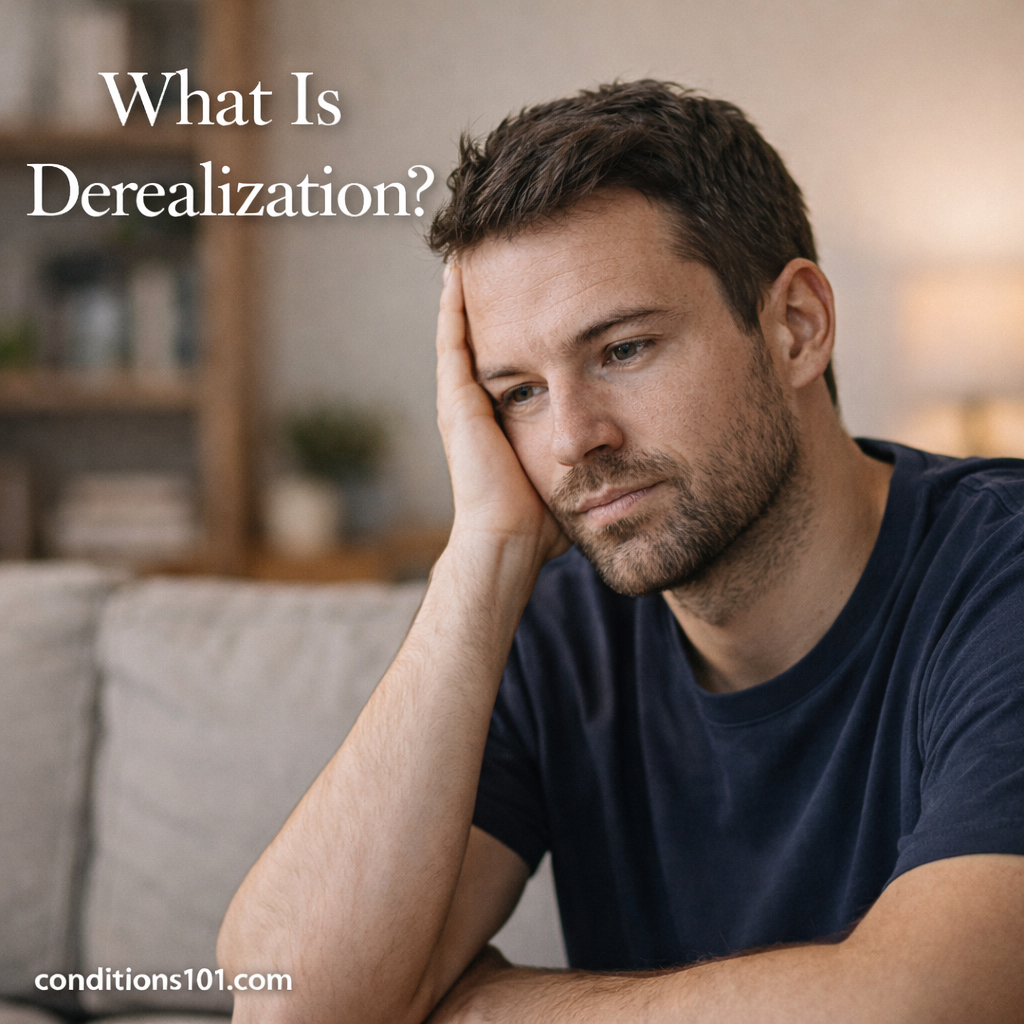 Adult person sitting thoughtfully in a calm home environment, representing an educational article about derealization.
