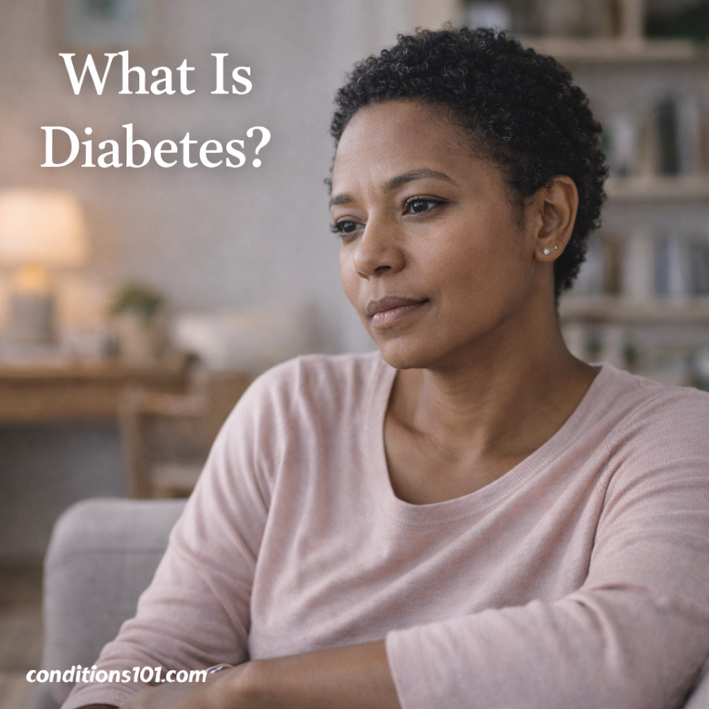Adult woman sitting calmly in a living room with a thoughtful expression, representing an educational overview of what diabetes is.