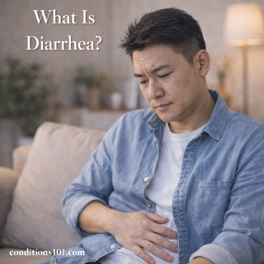 Adult man sitting on a couch in a calm home setting, holding his abdomen with a thoughtful expression, representing an educational article about diarrhea.