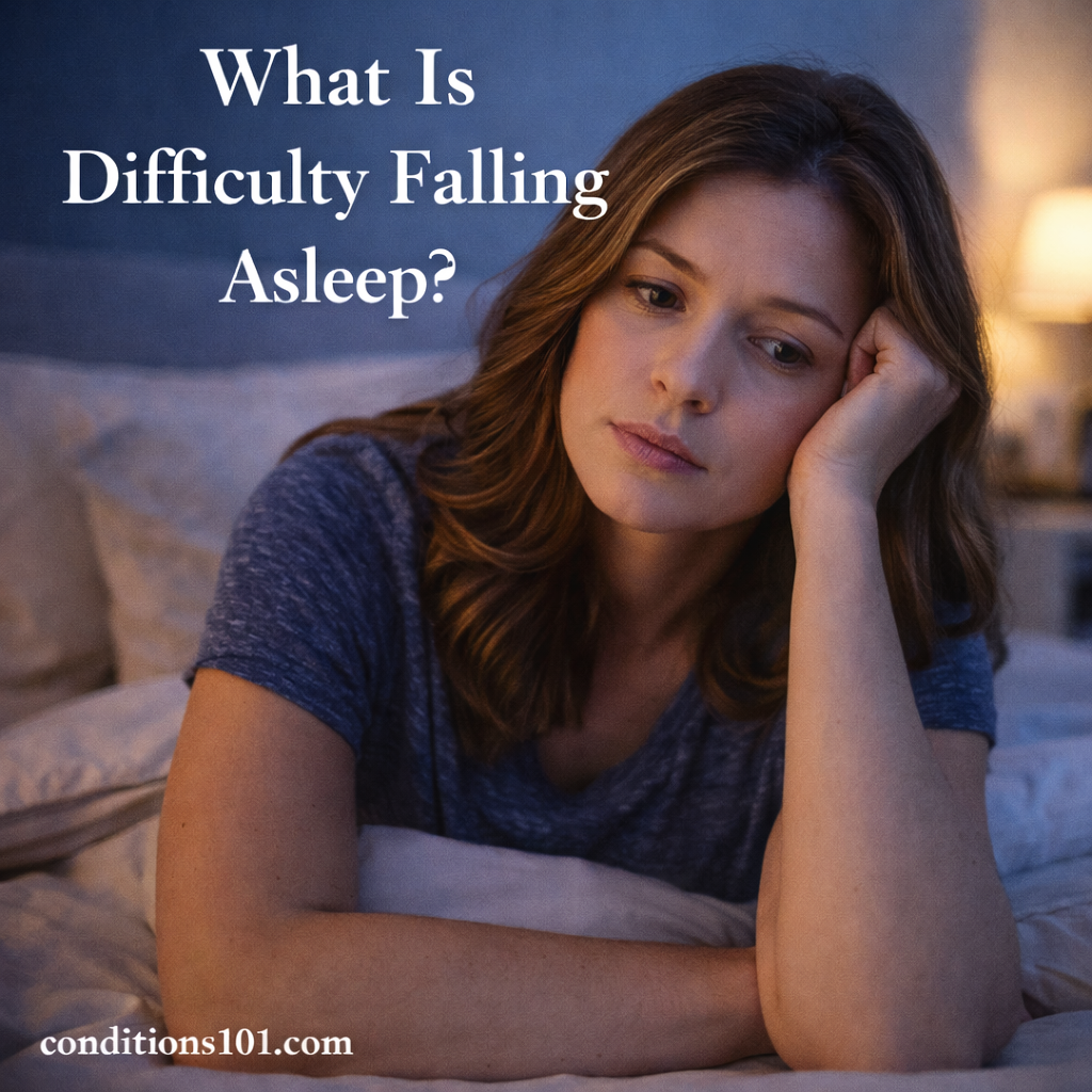 Adult woman lying awake in bed in a calm bedroom setting, appearing thoughtful, representing an educational article about difficulty falling asleep.