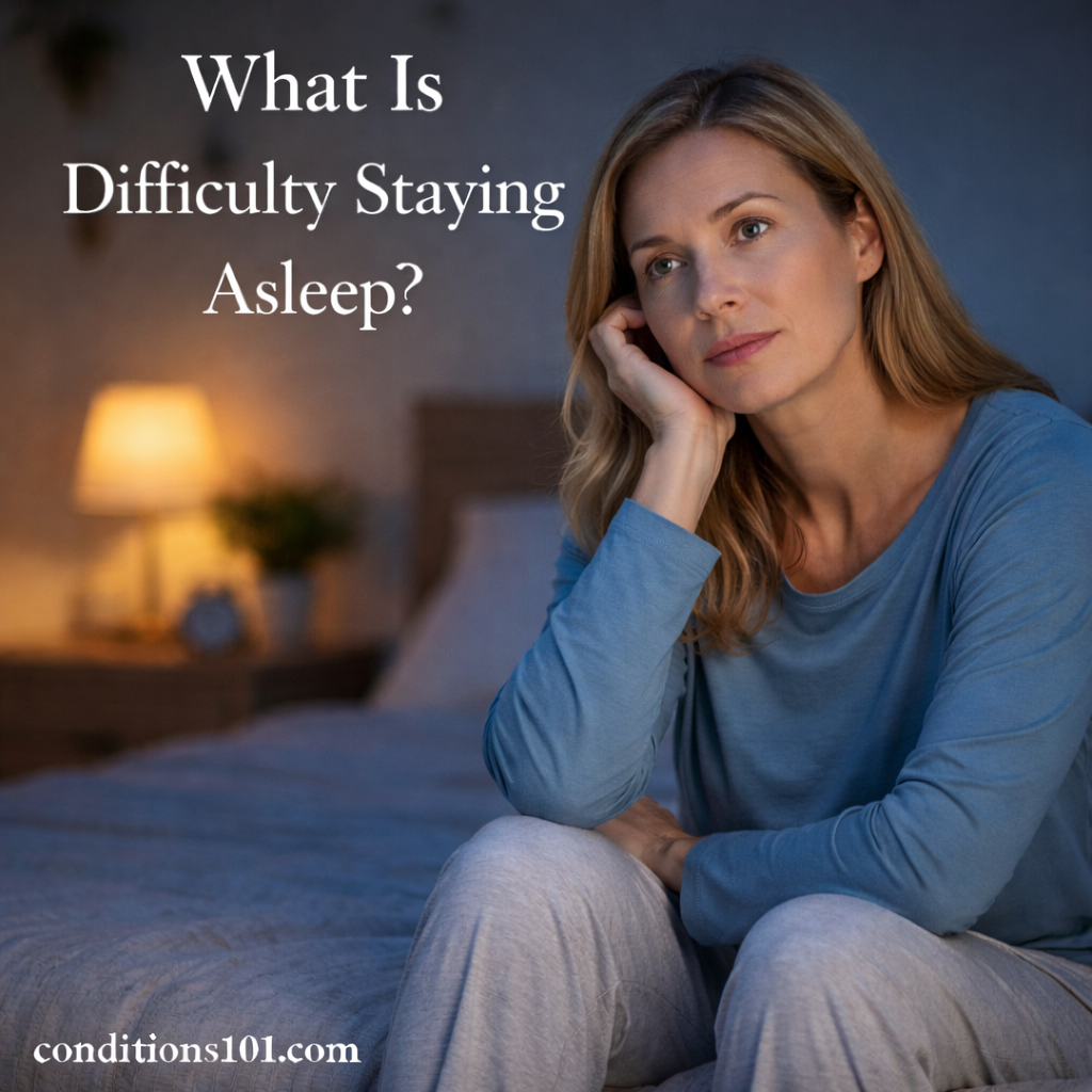 Middle-aged woman sitting awake on a bed at night in a calm bedroom, appearing thoughtful and tired, representing difficulty staying asleep.