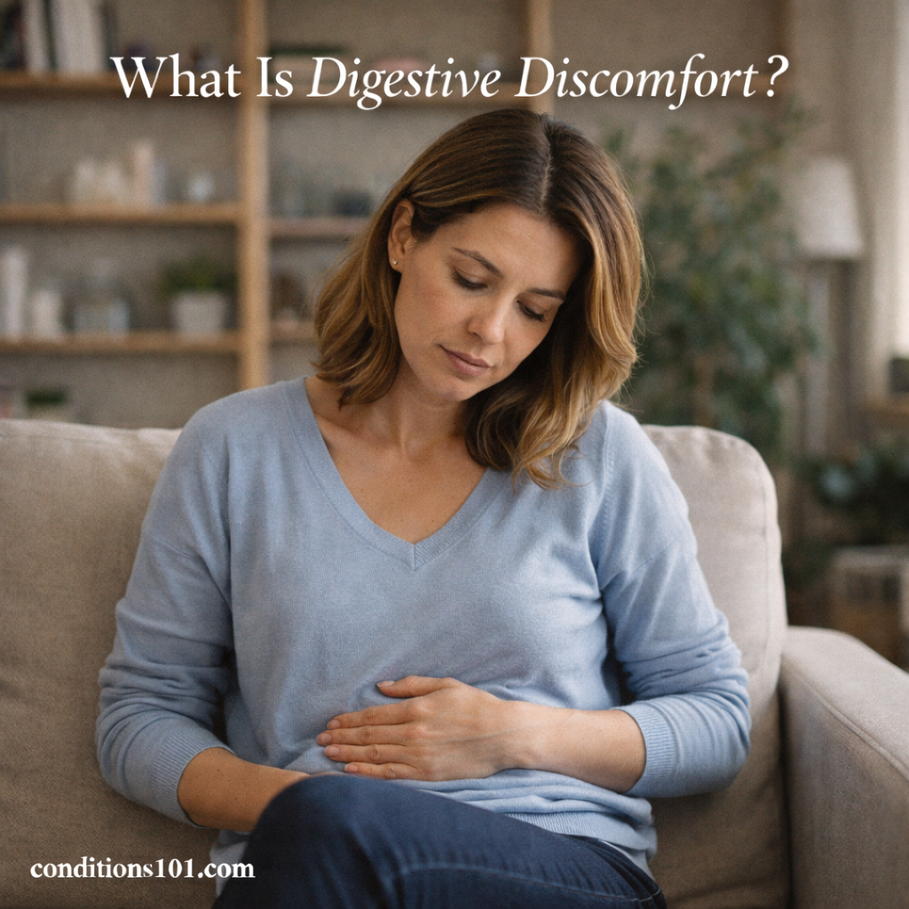 Adult woman sitting calmly on a couch in a living room, representing a neutral everyday setting for an educational article about digestive discomfort.