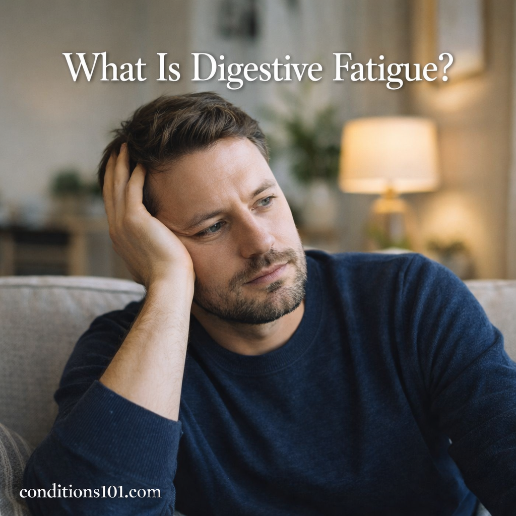 Adult man sitting on a couch in a calm home setting, appearing thoughtful, representing an educational topic about digestive fatigue.