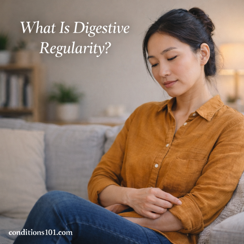 Adult woman sitting calmly on a couch in a home setting, reflecting quietly in an everyday moment related to digestive regularity.