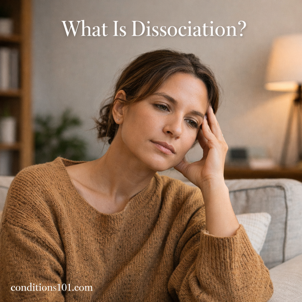 Adult woman sitting thoughtfully on a couch in a calm home setting, representing dissociation as an educational mental health concept.
