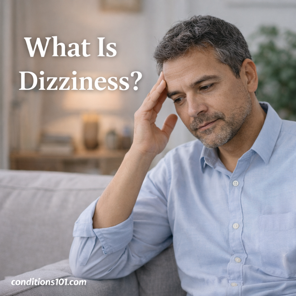 Adult man sitting calmly in a living room with a thoughtful expression, representing an educational overview of what dizziness is.