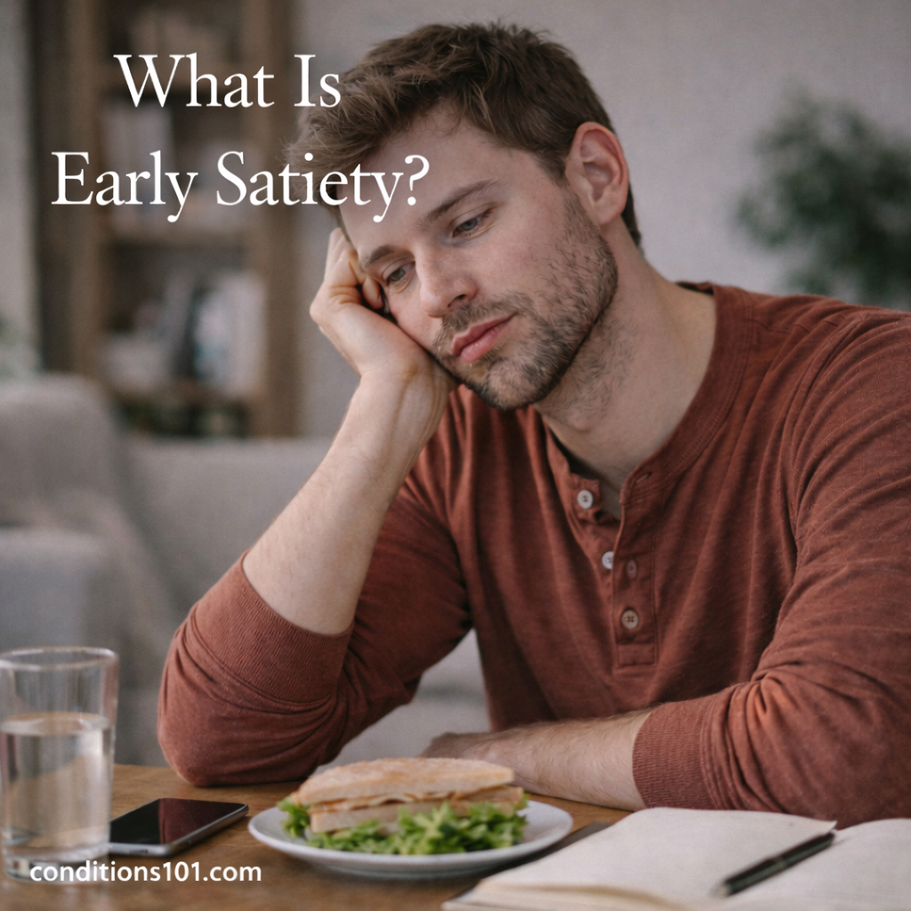 Adult person sitting at a dining table in a calm home environment, representing an educational article about early satiety.