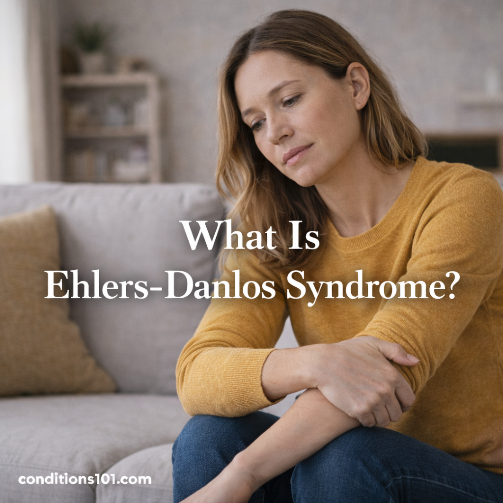 Woman sitting on a couch in a calm home setting with a thoughtful expression, representing an educational overview of Ehlers-Danlos syndrome.