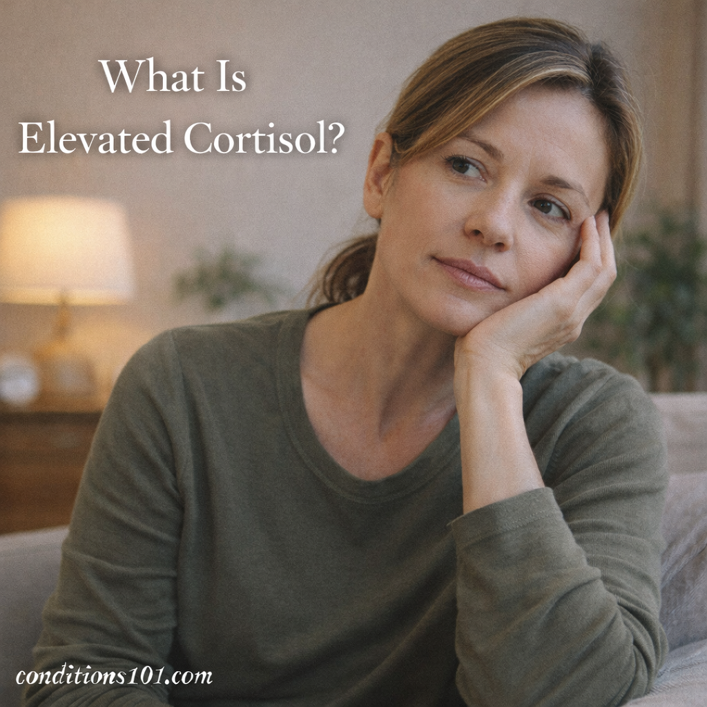 An adult woman sitting indoors with a thoughtful expression in a calm everyday setting, representing elevated cortisol and stress awareness.