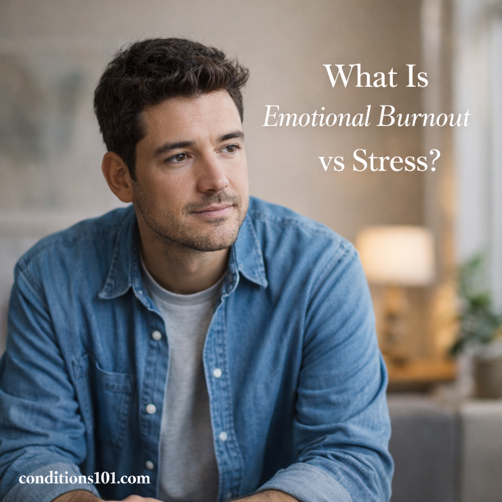 A thoughtful adult man sitting in a calm living room, representing reflection on emotional burnout versus stress.