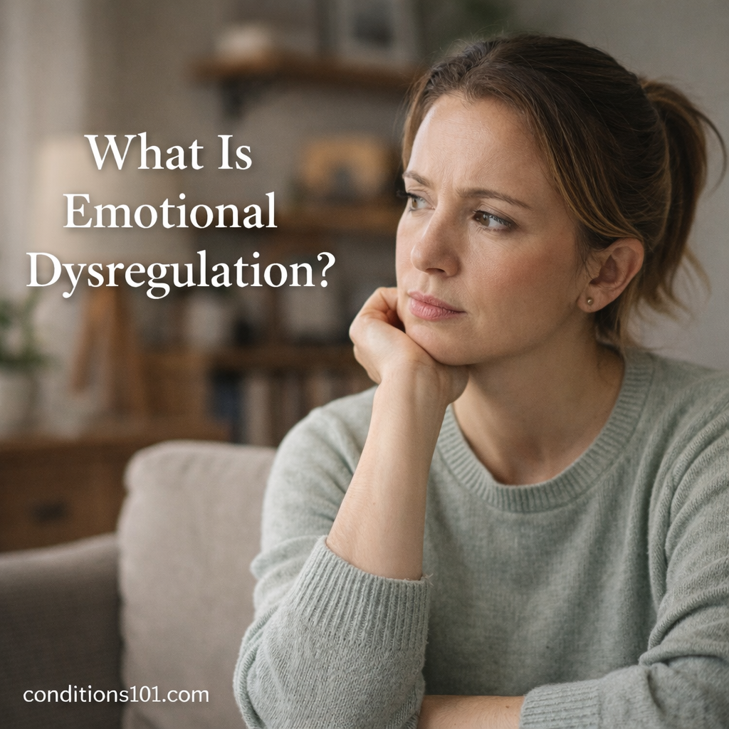 Adult woman sitting thoughtfully in a calm living room setting, representing an educational explanation of emotional dysregulation.