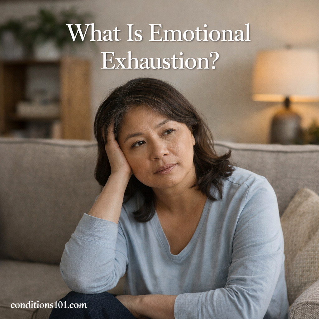 Adult woman sitting thoughtfully in a calm living room setting, representing emotional exhaustion in everyday life.