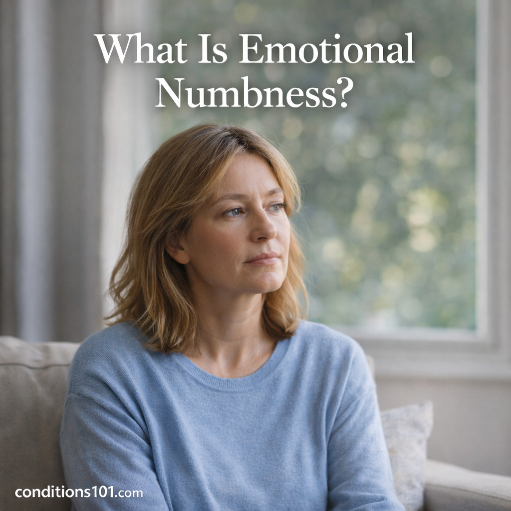Adult woman sitting indoors near a window with a calm, neutral expression, representing emotional numbness in everyday life.