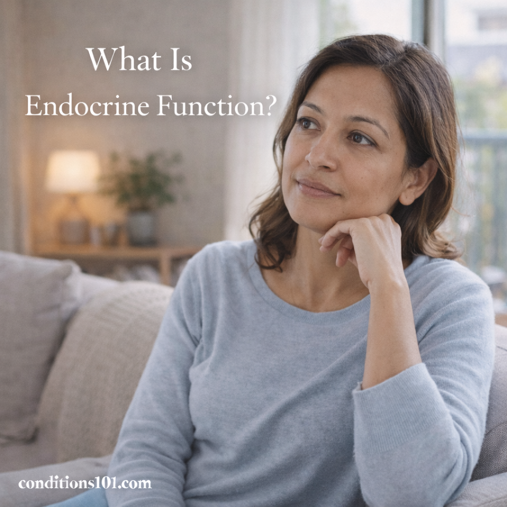 A thoughtful adult woman sitting in a calm living room, representing awareness of endocrine function and hormonal balance.