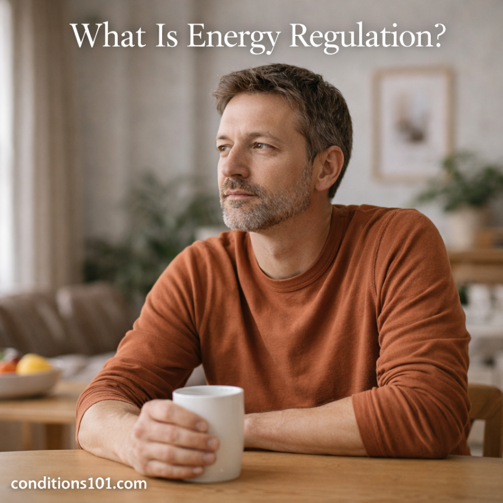 Thoughtful adult man sitting at a table in a calm home setting, representing everyday energy regulation.