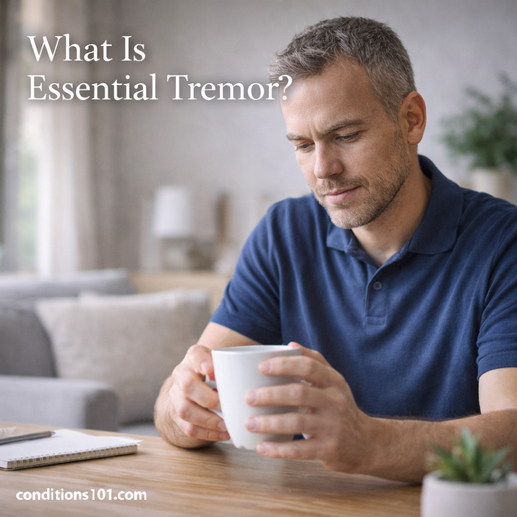 Middle-aged man sitting at a table holding a mug with a steady grip, representing an educational overview of essential tremor.