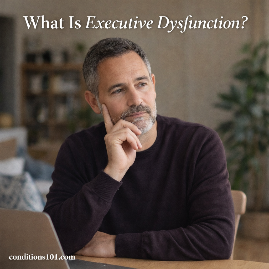 Adult man sitting thoughtfully in a home office setting for an educational article explaining what executive dysfunction is.