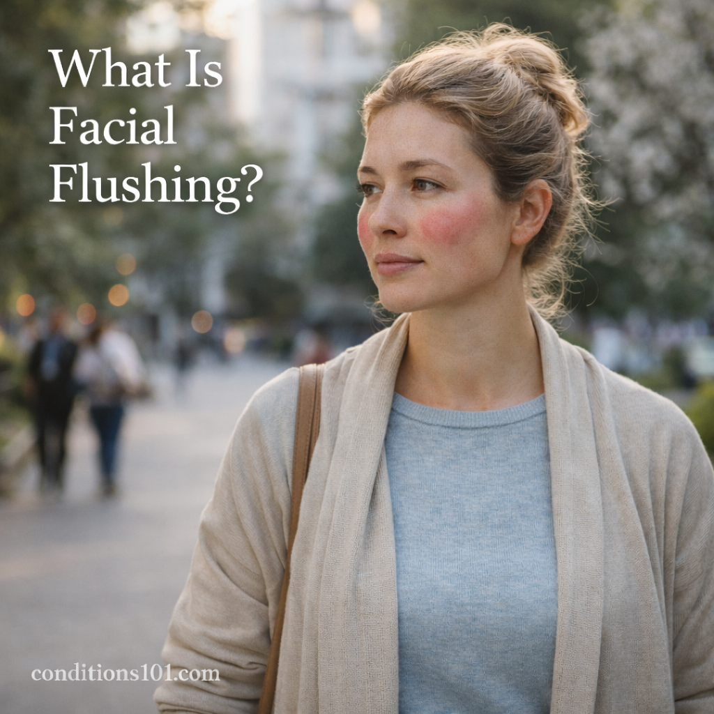 Adult woman with mild facial redness walking outdoors in a calm public setting, representing facial flushing in an educational, non-clinical context.