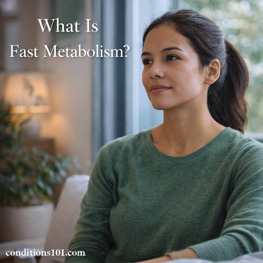 Young woman sitting indoors near a window with a calm, thoughtful expression, representing an educational article about fast metabolism.