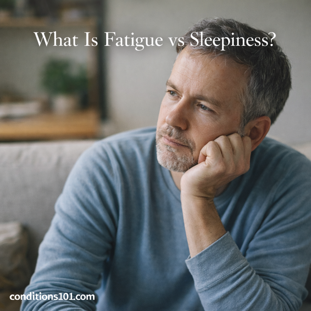 Middle-aged man sitting on a couch with a thoughtful expression in a calm living room, representing an educational article about fatigue versus sleepiness.