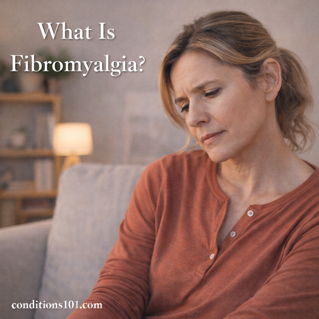 Middle-aged woman sitting in a calm home setting with a thoughtful expression, representing an educational article about fibromyalgia.