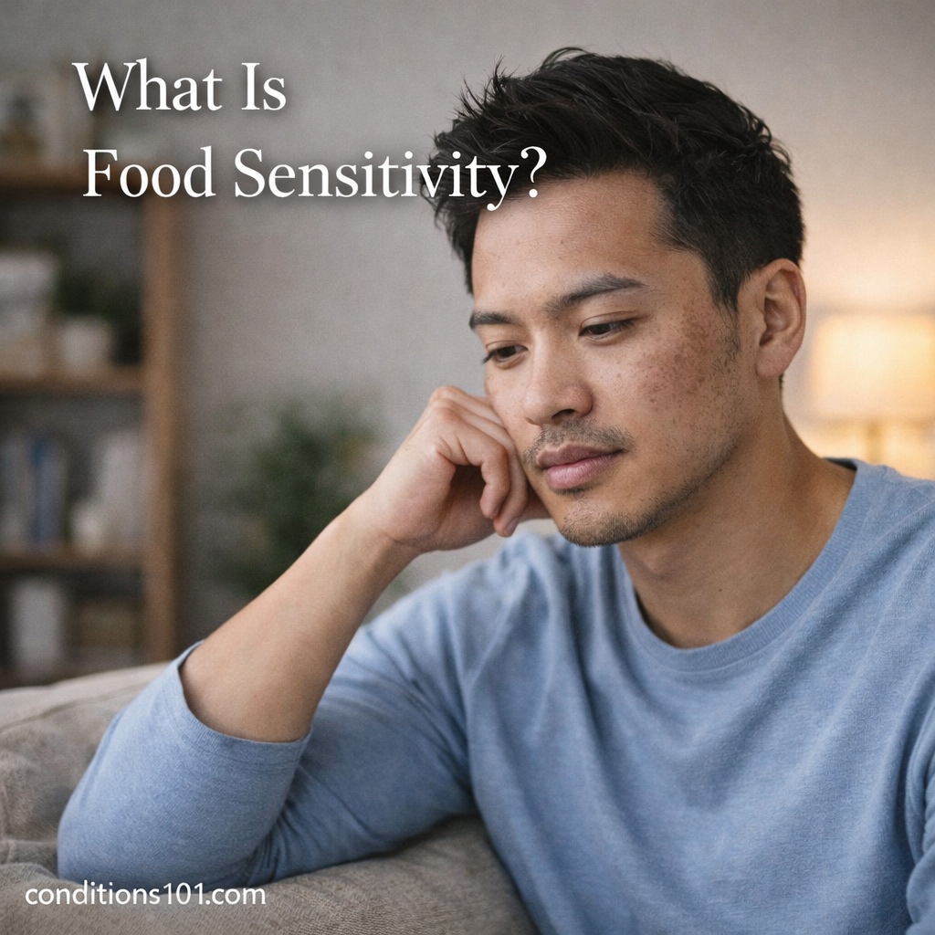 Adult man sitting calmly in a living room with a thoughtful expression, representing an educational overview of food sensitivity.