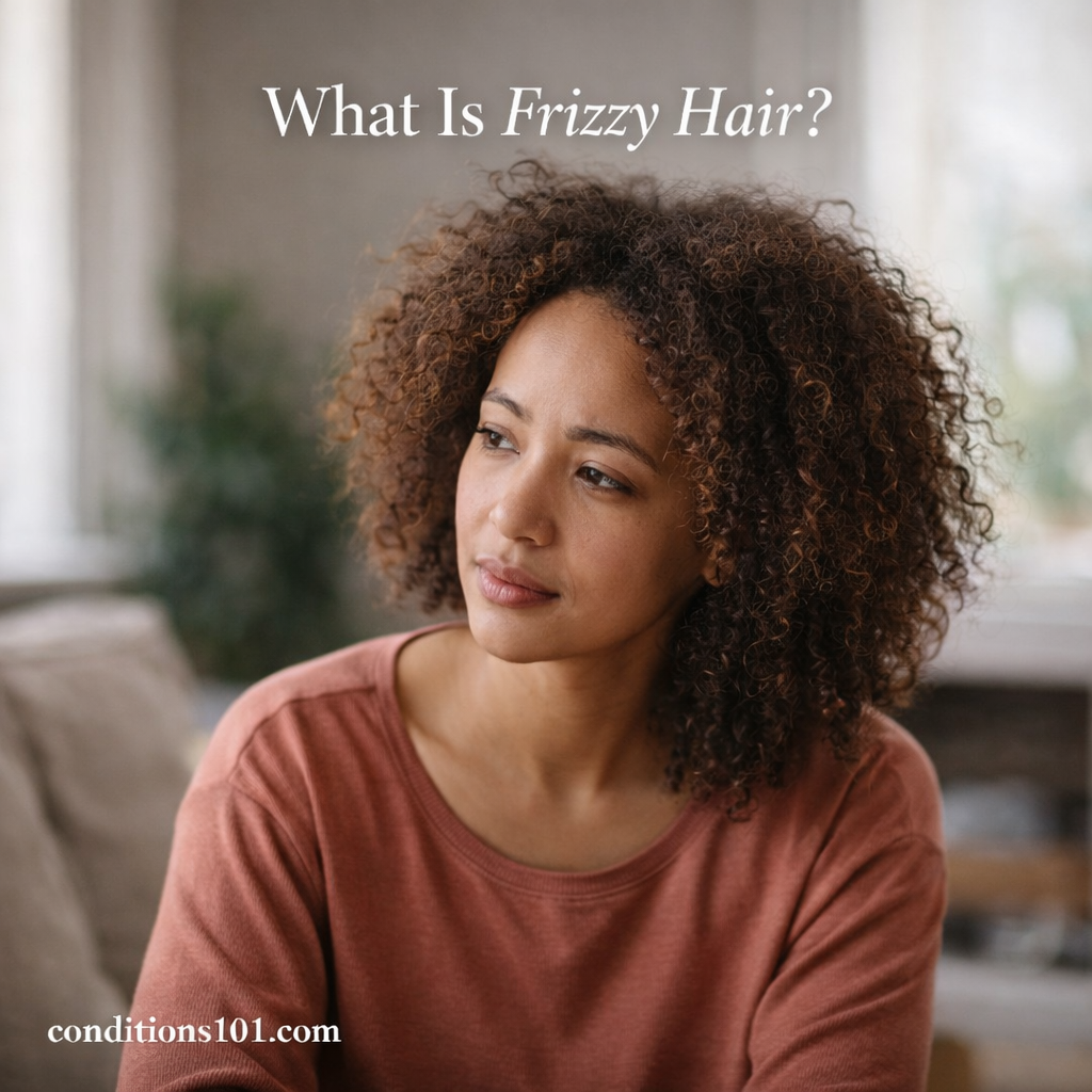 A woman with naturally frizzy, curly hair sitting thoughtfully on a couch in a bright living room.