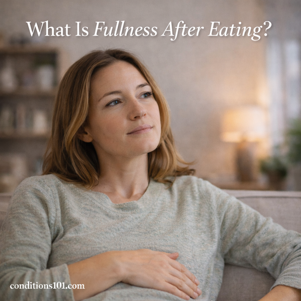 Adult woman sitting calmly in a living room with her hand on her abdomen, representing an educational article about fullness after eating.
