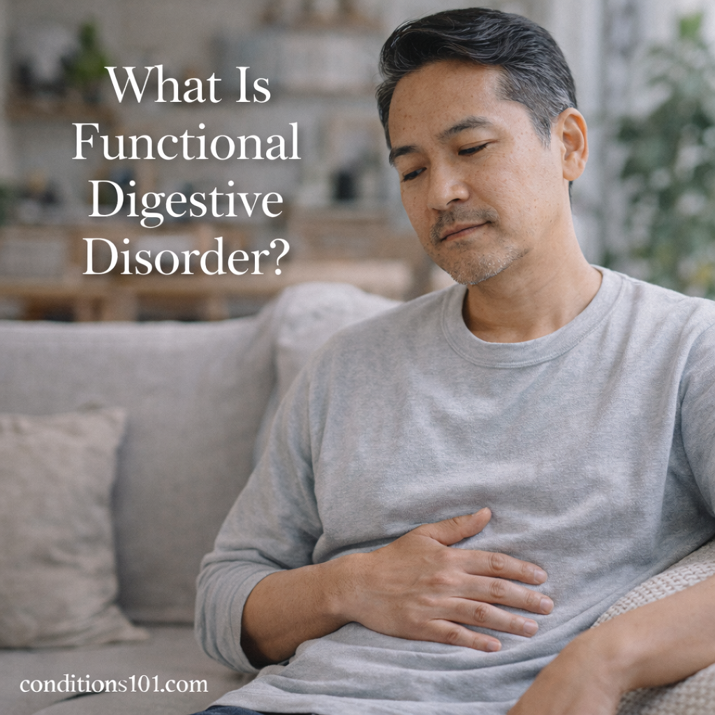 Adult person in a calm everyday setting, thoughtfully focused, representing functional digestive disorder as a non-clinical digestive health concept.