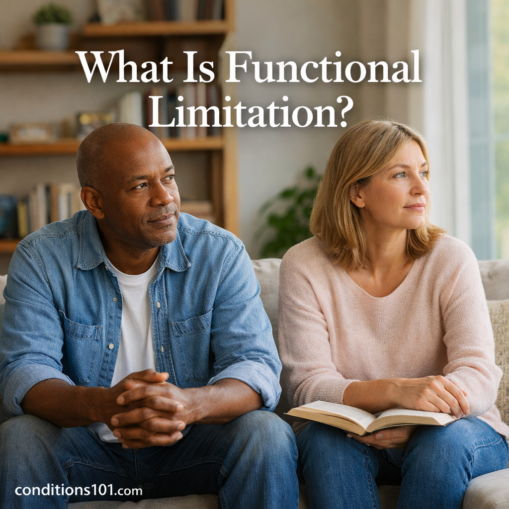 Adults sitting in a calm living room setting, thoughtfully focused in an everyday environment, representing functional limitation awareness.