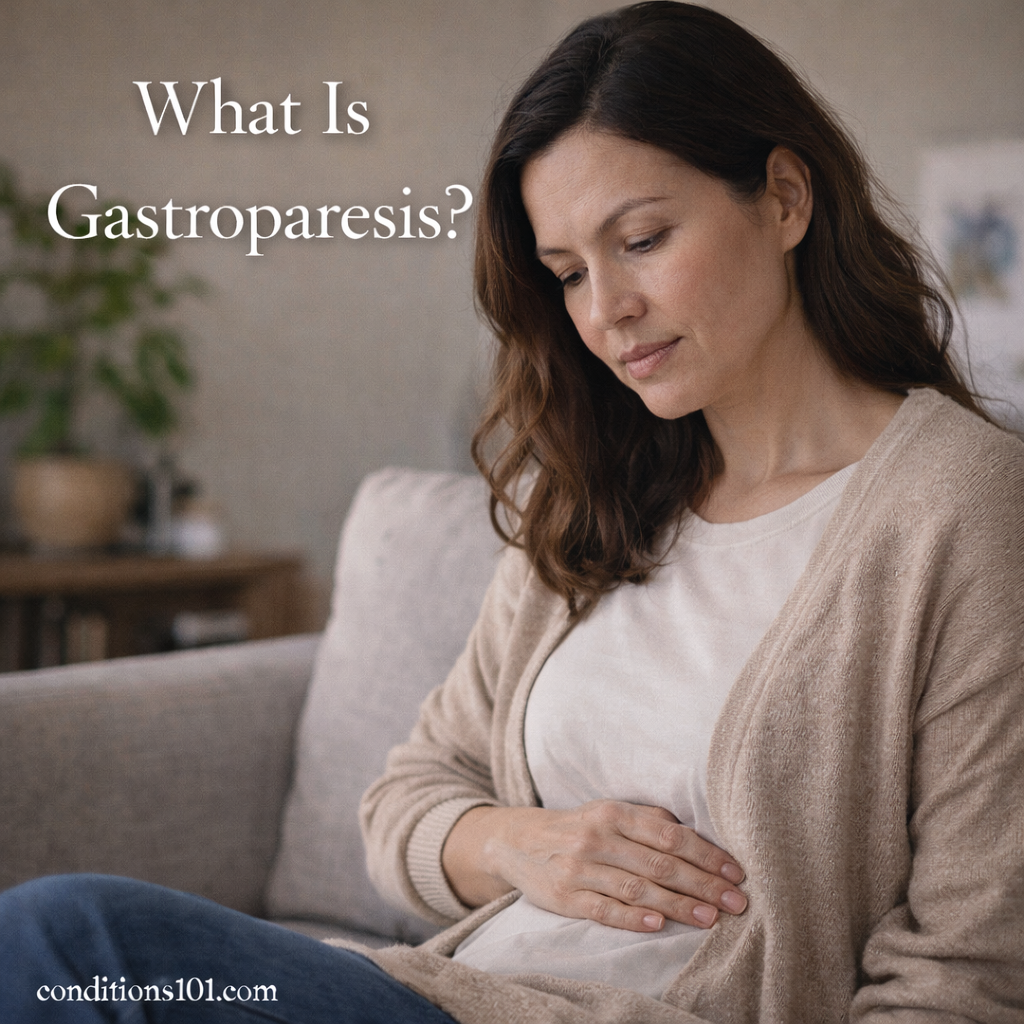 An adult woman sitting on a couch at home with her hand resting on her stomach, appearing calmly reflective in a non-clinical setting representing gastroparesis.
