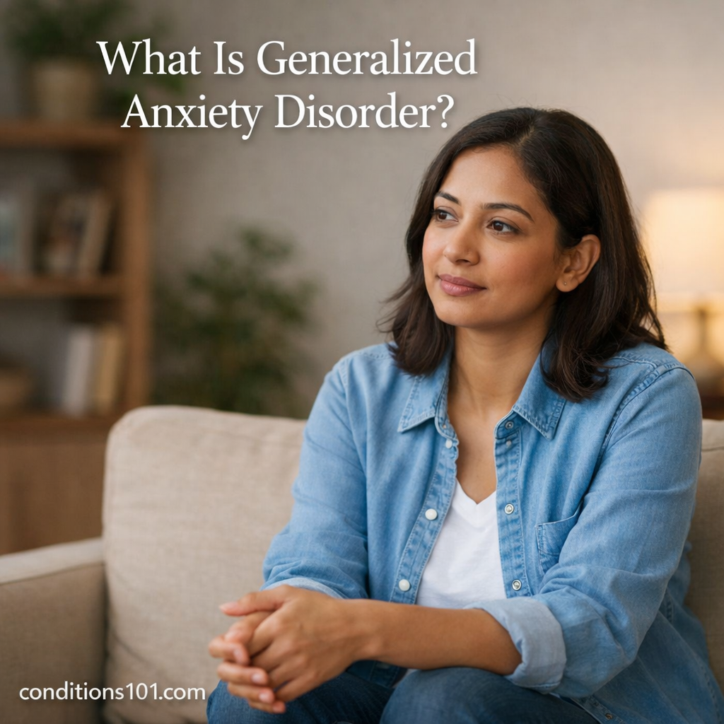 Adult person sitting calmly in a living room while reflecting, representing an educational overview of generalized anxiety disorder.