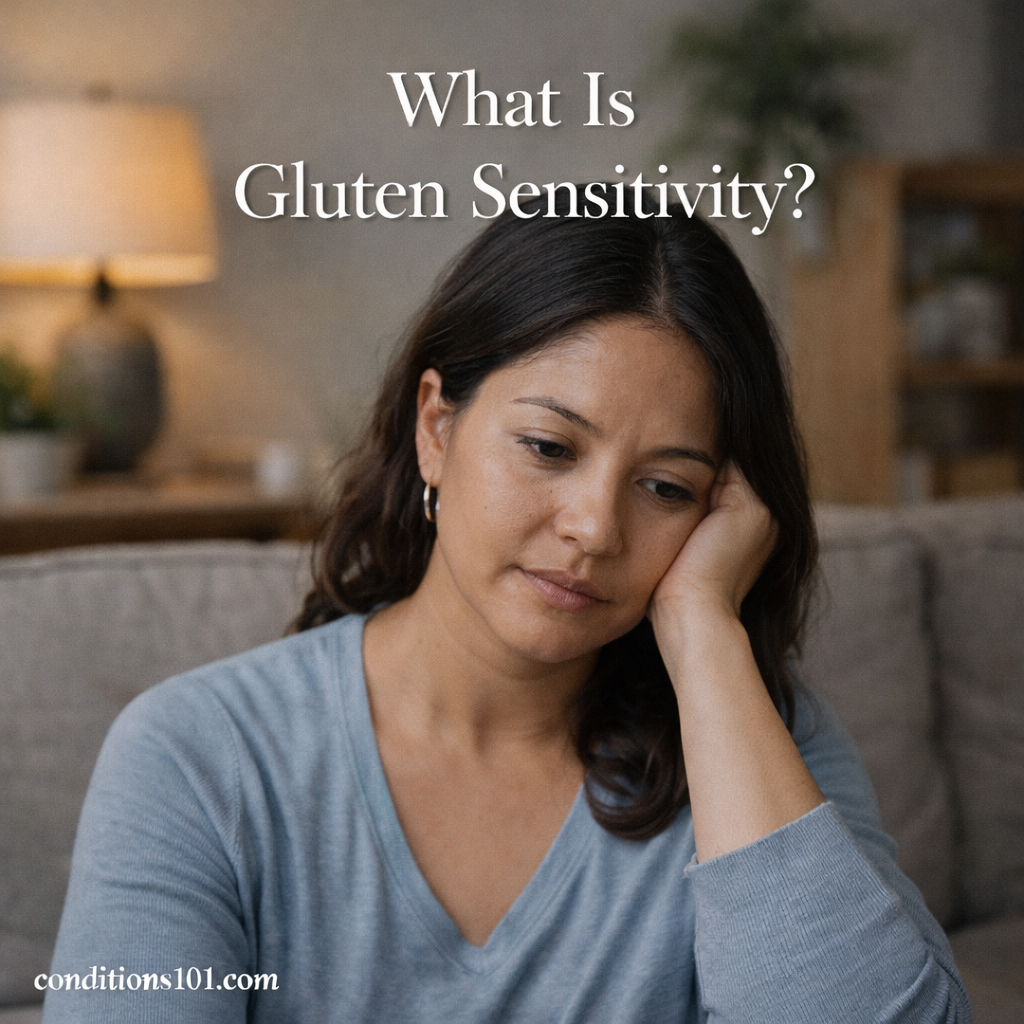 Adult woman sitting in a calm living room setting with a thoughtful expression, representing an educational overview of gluten sensitivity.