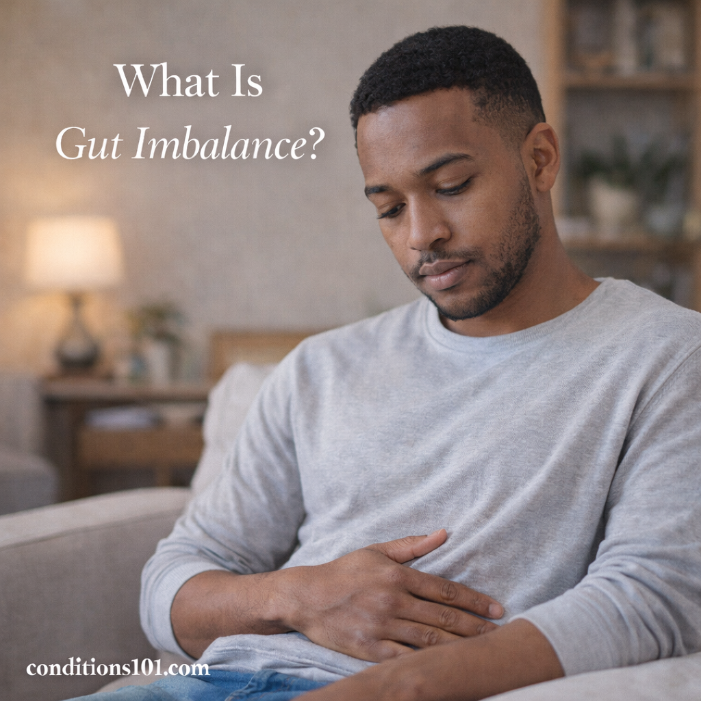 An adult man sitting calmly on a couch with a thoughtful expression, representing everyday awareness of gut imbalance.