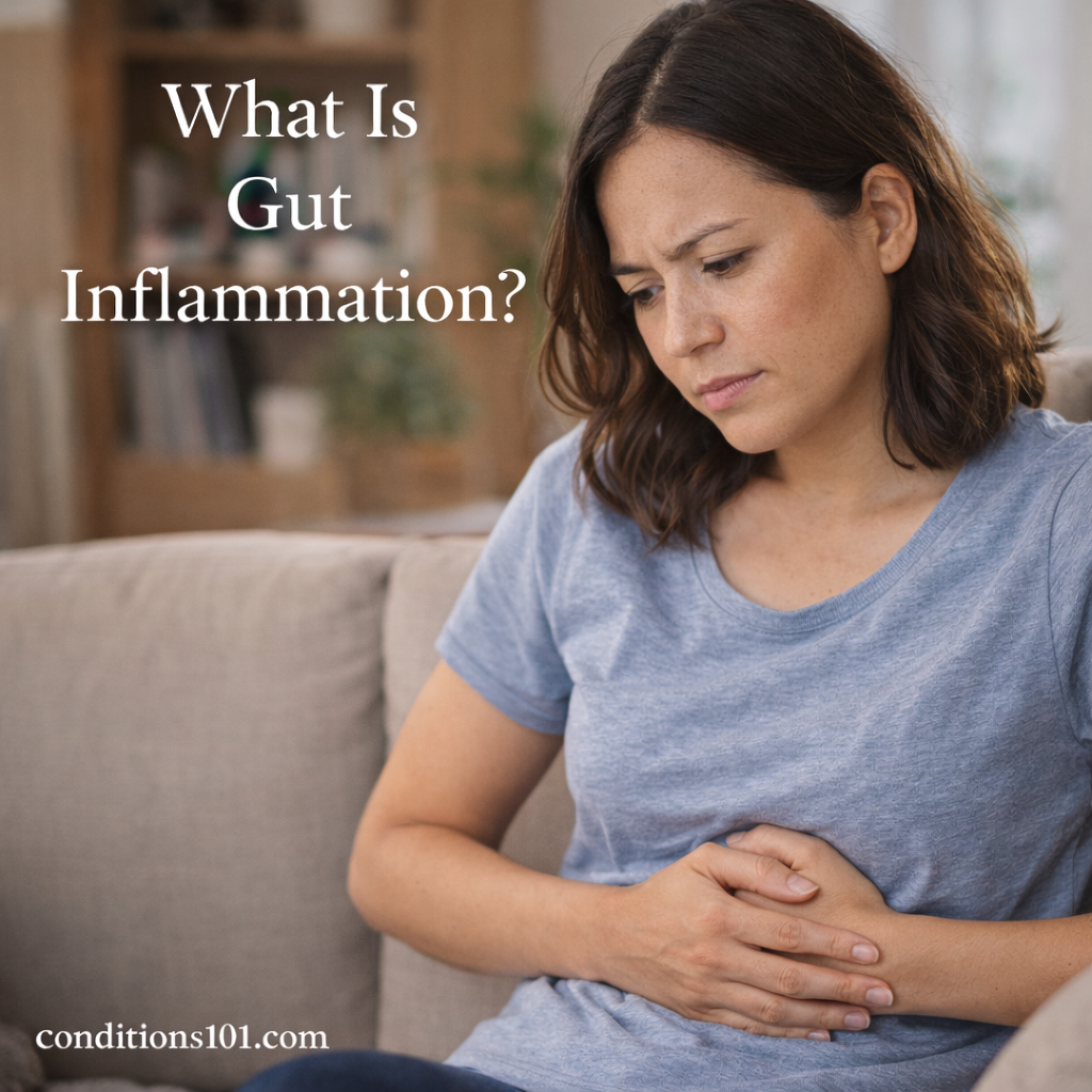 adult woman sitting on a couch in a calm home setting, appearing thoughtfully focused while experiencing digestive discomfort.