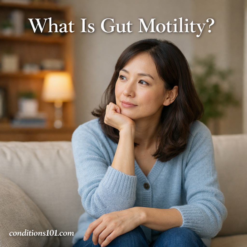 Adult woman sitting thoughtfully in a calm living room setting representing an educational article about gut motility.