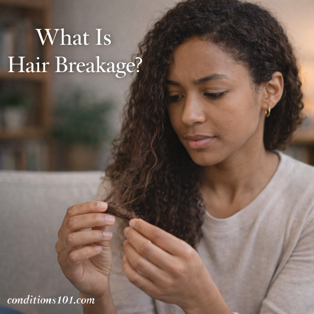 An adult woman examining the ends of her hair in a calm indoor setting, illustrating hair breakage in an everyday context.
