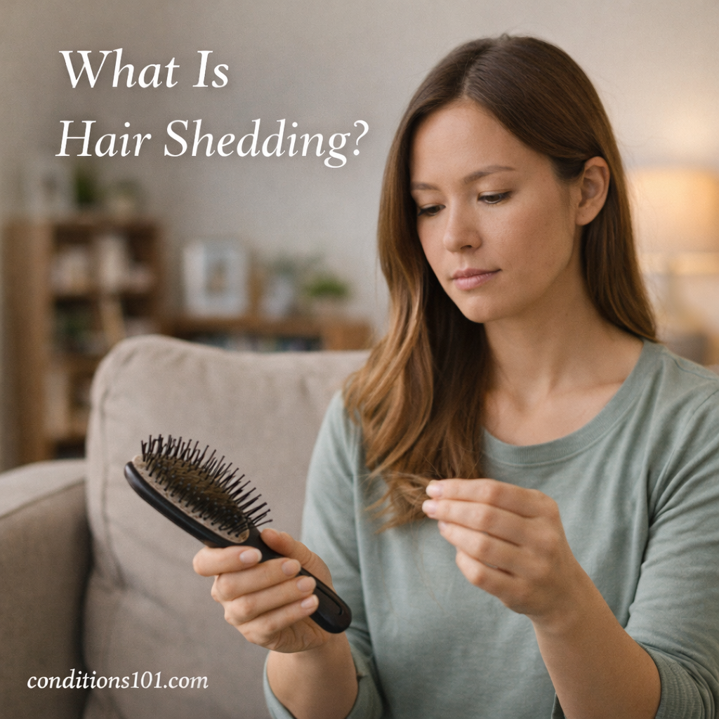 Adult woman sitting on a couch examining hair strands on a brush in a calm home setting.