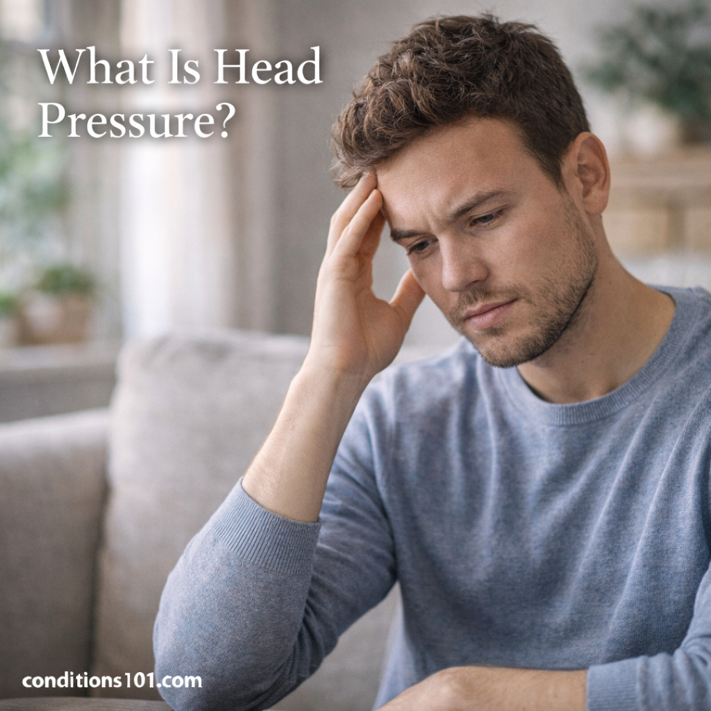 Man sitting thoughtfully on a couch with hand resting on his temple, representing an educational overview of head pressure.