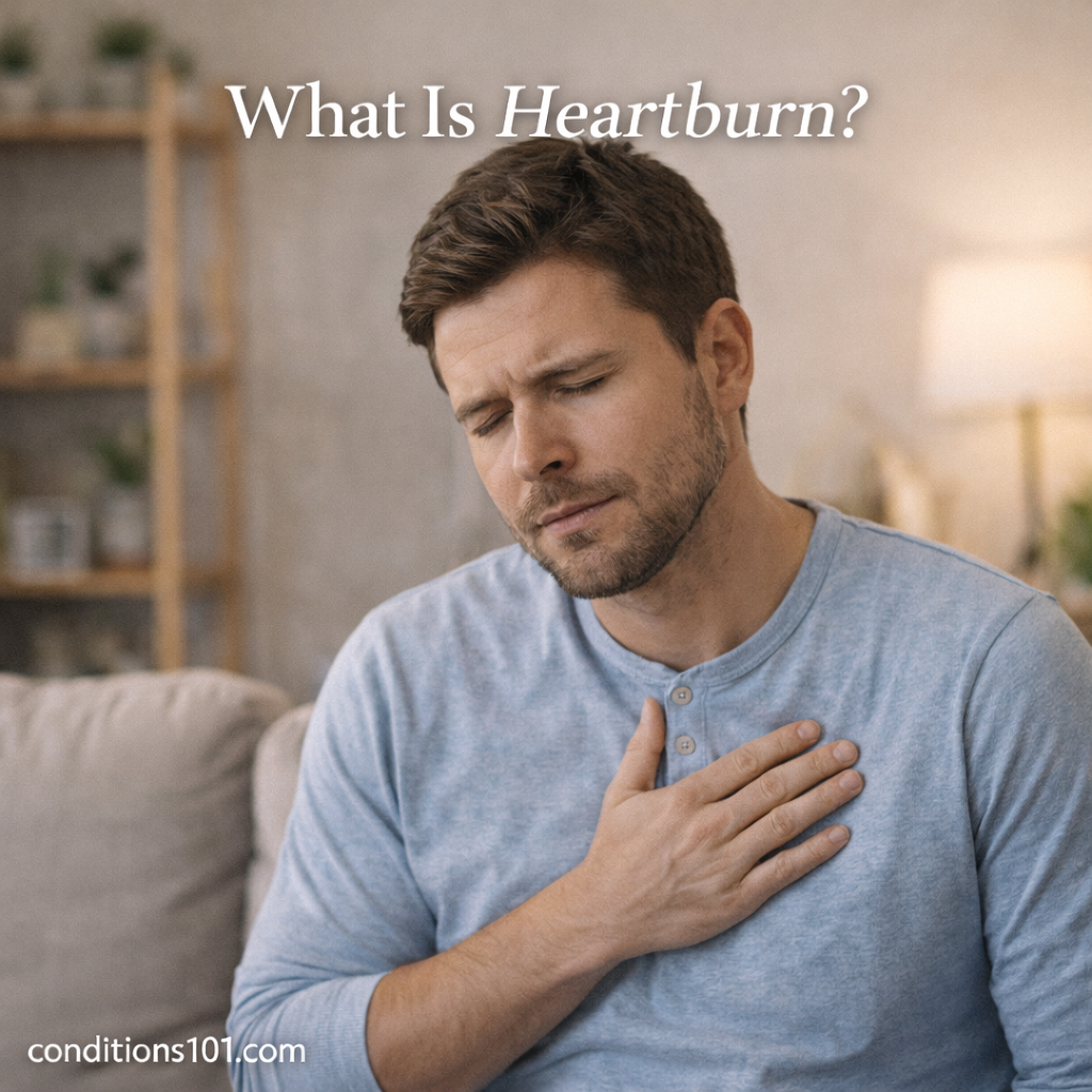 Man sitting in a calm living room holding his chest, illustrating the common burning sensation often associated with heartburn.