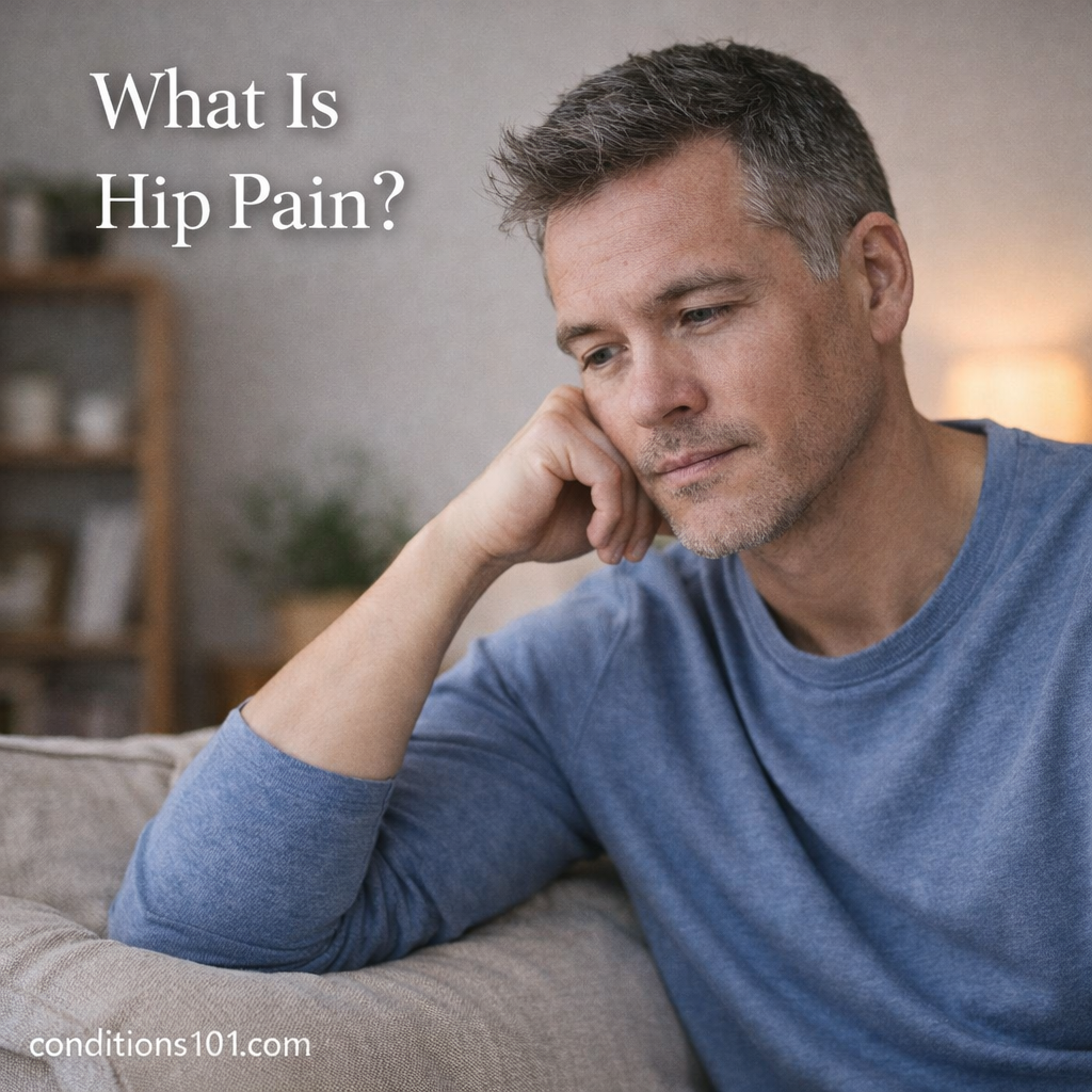 Adult man sitting on a couch in a calm home setting with a thoughtful expression, representing an educational overview of hip pain.