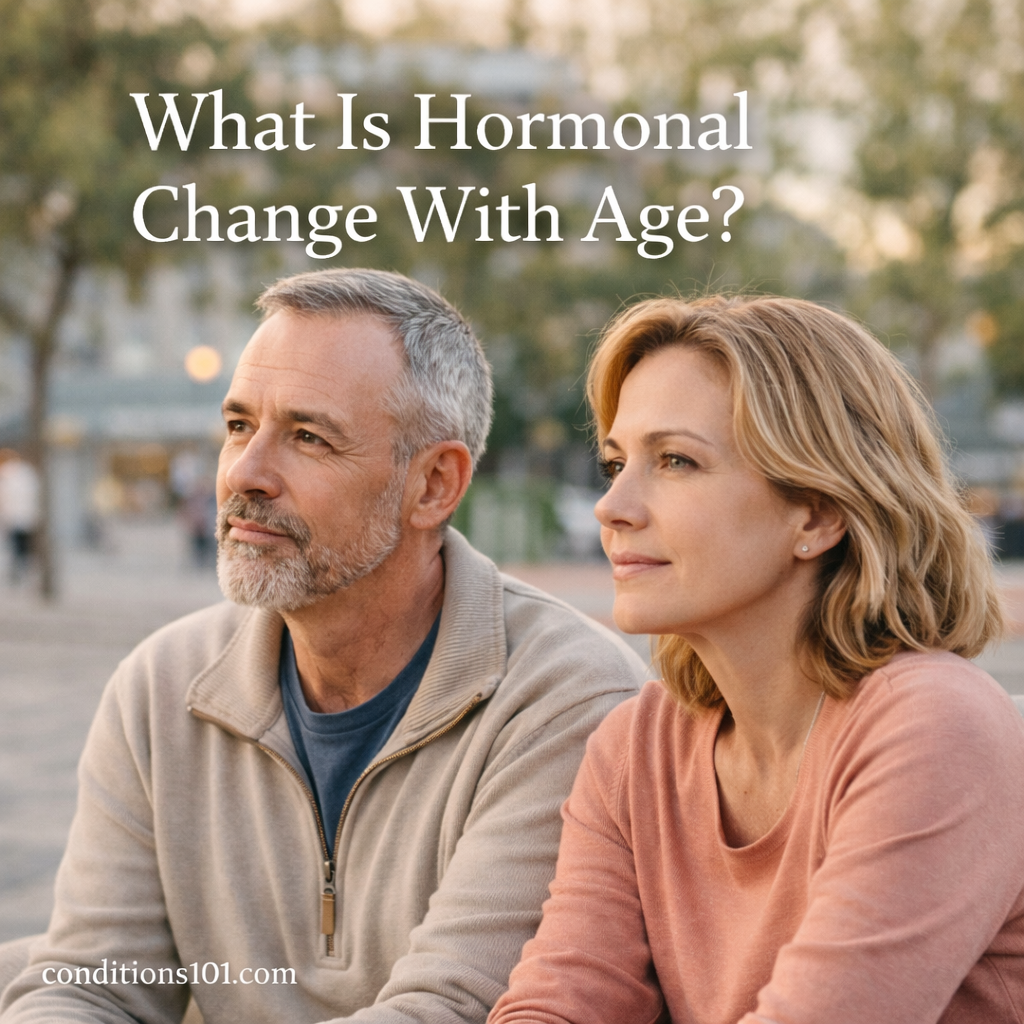 Middle-aged man and woman sitting outdoors with calm, thoughtful expressions, representing natural hormonal changes that occur with aging.