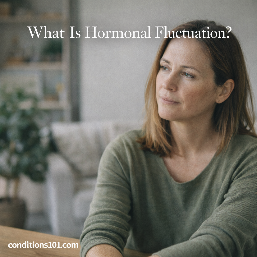 Adult woman sitting calmly in a living room with a thoughtful expression, representing an educational article explaining hormonal fluctuation.