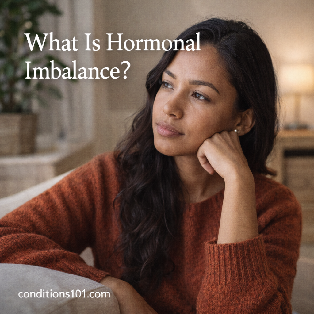 Adult woman sitting thoughtfully in a calm home setting for an educational article explaining what hormonal imbalance is.