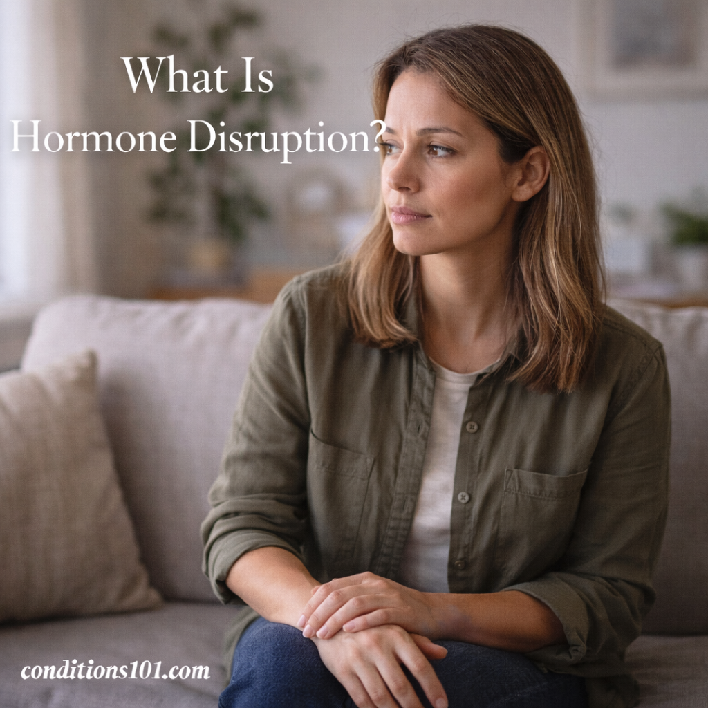 Adult woman sitting thoughtfully on a couch in a calm living room, representing an educational overview of hormone disruption and hormonal balance.