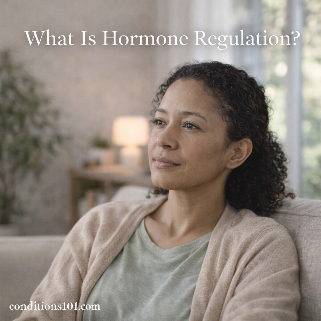 Adult woman sitting calmly in a living room, reflecting in a peaceful home setting that represents hormone regulation in an educational context.