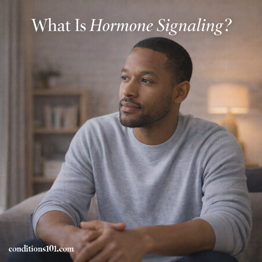 Adult man sitting calmly in a living room, representing an educational article explaining hormone signaling.