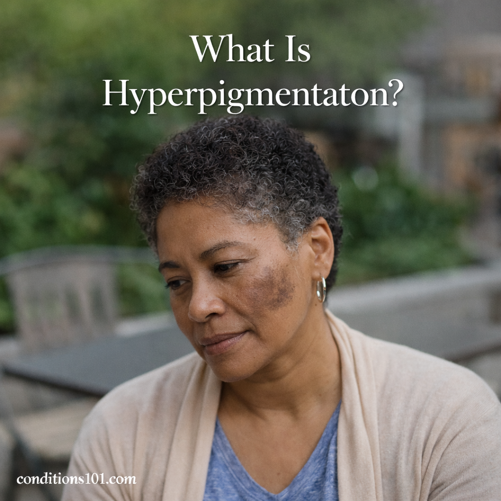 Adult woman sitting outdoors with visible facial hyperpigmentation, representing an educational overview of skin tone changes.