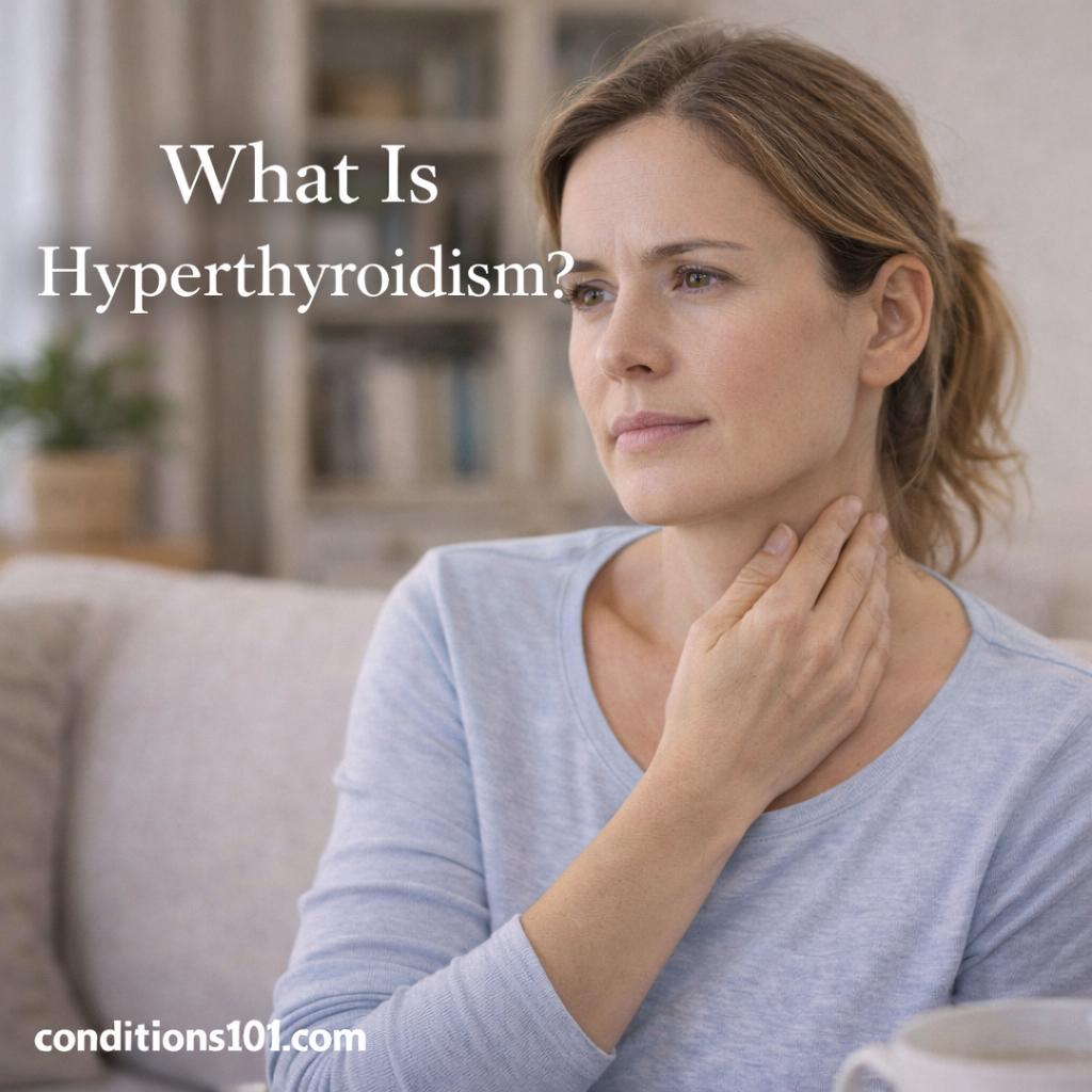 Adult woman in a calm everyday setting with a thoughtful expression, representing an educational overview of what hyperthyroidism is.