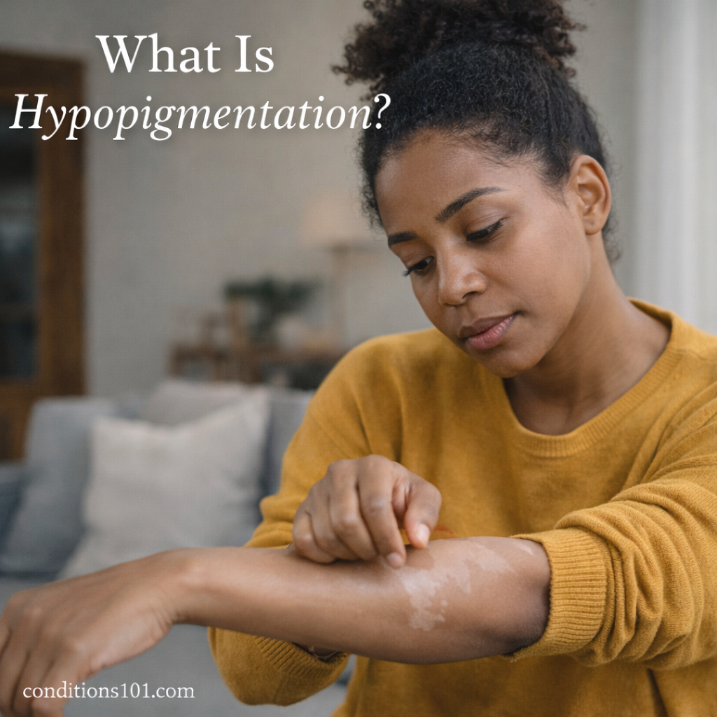 An adult woman sitting indoors and thoughtfully looking at a lighter patch of skin on her forearm, illustrating hypopigmentation in an everyday setting.